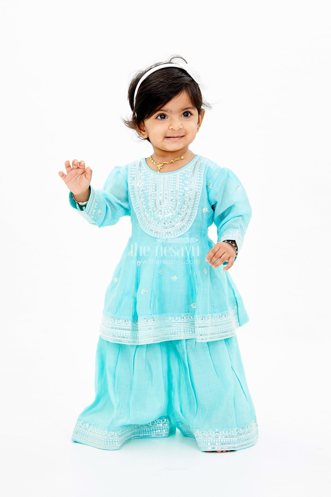 The Nesavu Girls Sharara / Plazo Set Girls Green Sharara Set in Pure Cotton with Embroidered Kurti and Elegant Silver Borders Nesavu 18 (2Y) / Green GPS528B-18 Nesavu Girls Green Sharara Set Pure Cotton Embroidered Kurti Elegant Silver Borders