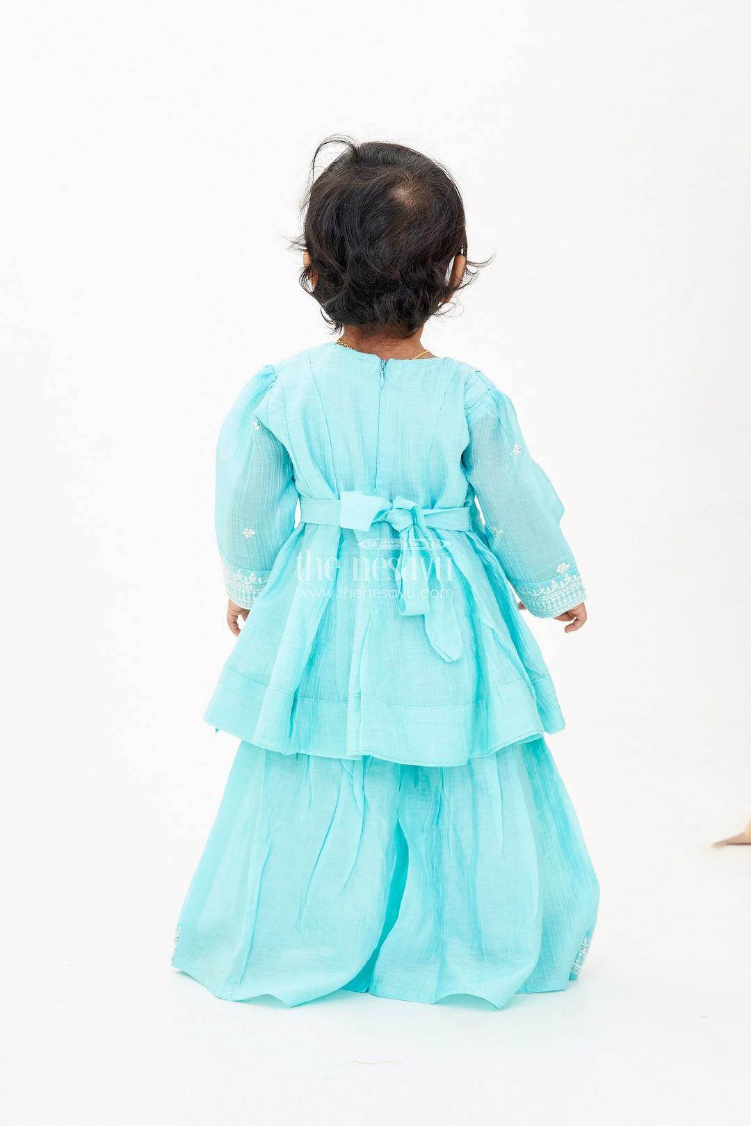 The Nesavu Girls Sharara / Plazo Set Girls Green Sharara Set in Pure Cotton with Embroidered Kurti and Elegant Silver Borders Nesavu Nesavu Girls Green Sharara Set Pure Cotton Embroidered Kurti Elegant Silver Borders