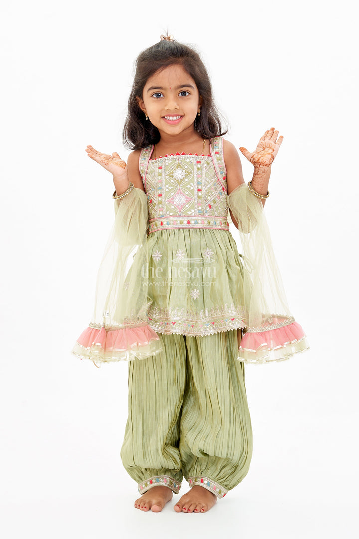 The Nesavu Girls Sharara / Plazo Set Girls Green Sharara Set in Pure Viscose Tissue Silk with Embellished Choli and Dupatta Nesavu 16 (1Y) / Turquoise GPS508A-16 Nesavu Girls Green Sharara Set Pure Viscose Tissue Silk Embellished Choli Dupatta