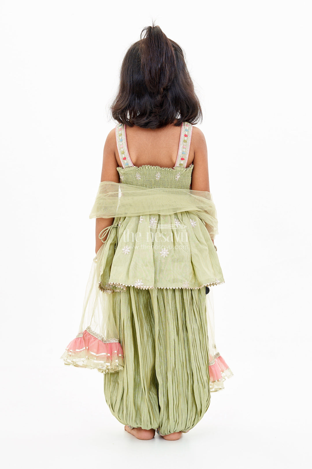 The Nesavu Girls Sharara / Plazo Set Girls Green Sharara Set in Pure Viscose Tissue Silk with Embellished Choli and Dupatta Nesavu Nesavu Girls Green Sharara Set Pure Viscose Tissue Silk Embellished Choli Dupatta