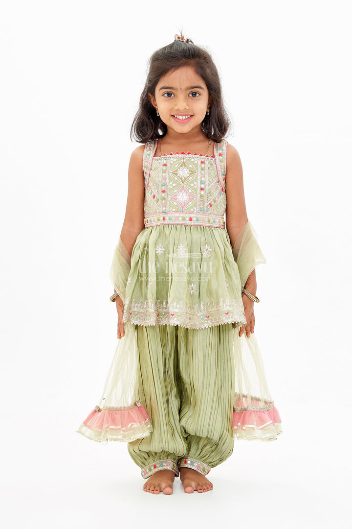 The Nesavu Girls Sharara / Plazo Set Girls Green Sharara Set in Pure Viscose Tissue Silk with Embellished Choli and Dupatta Nesavu Nesavu Girls Green Sharara Set Pure Viscose Tissue Silk Embellished Choli Dupatta