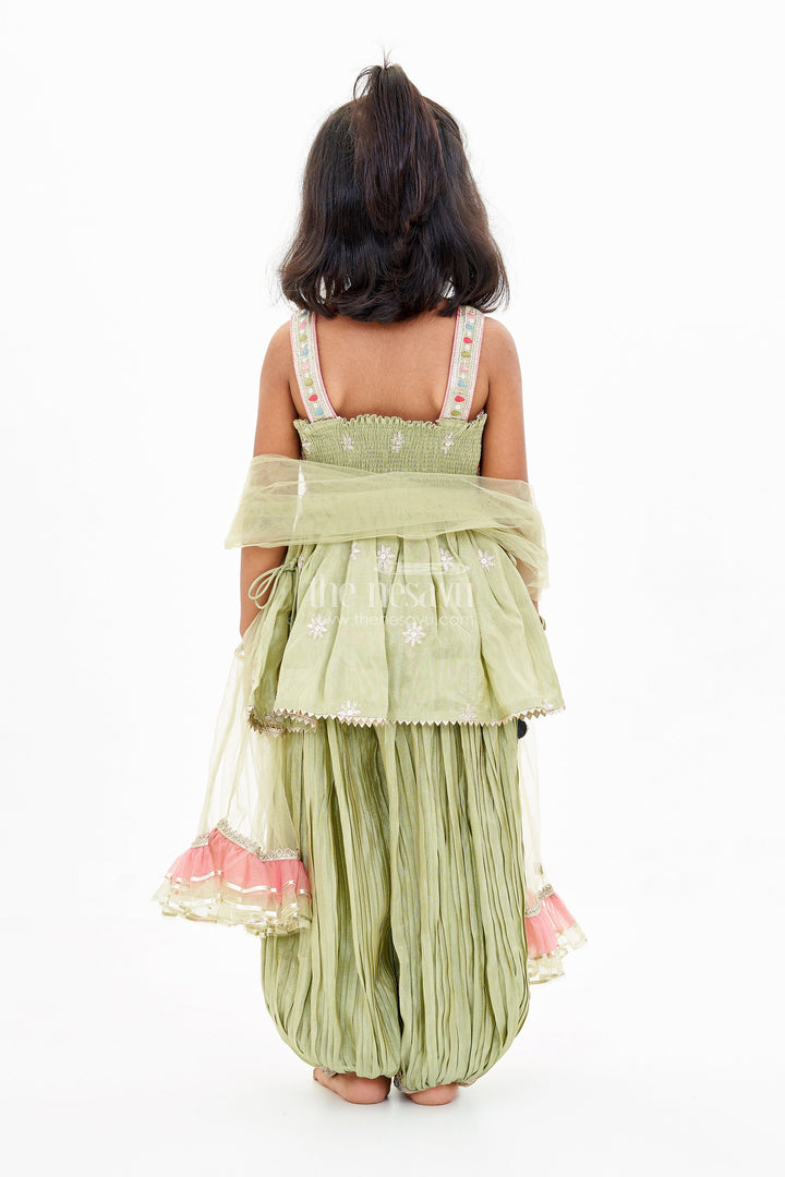 The Nesavu Girls Sharara / Plazo Set Girls Green Sharara Set in Pure Viscose Tissue Silk with Embellished Choli and Dupatta Nesavu Nesavu Girls Green Sharara Set Pure Viscose Tissue Silk Embellished Choli Dupatta
