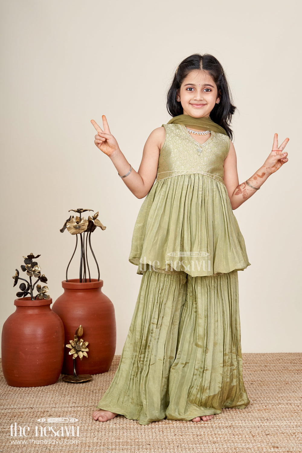 The Nesavu Girls Sharara / Plazo Set Girls Green Sharara Set With Dupatta Ethnic Festive Wear In Organza For Kids Nesavu Nesavu Girls Green Sharara Set Dupatta Ethnic Festive Wear Organza Kids