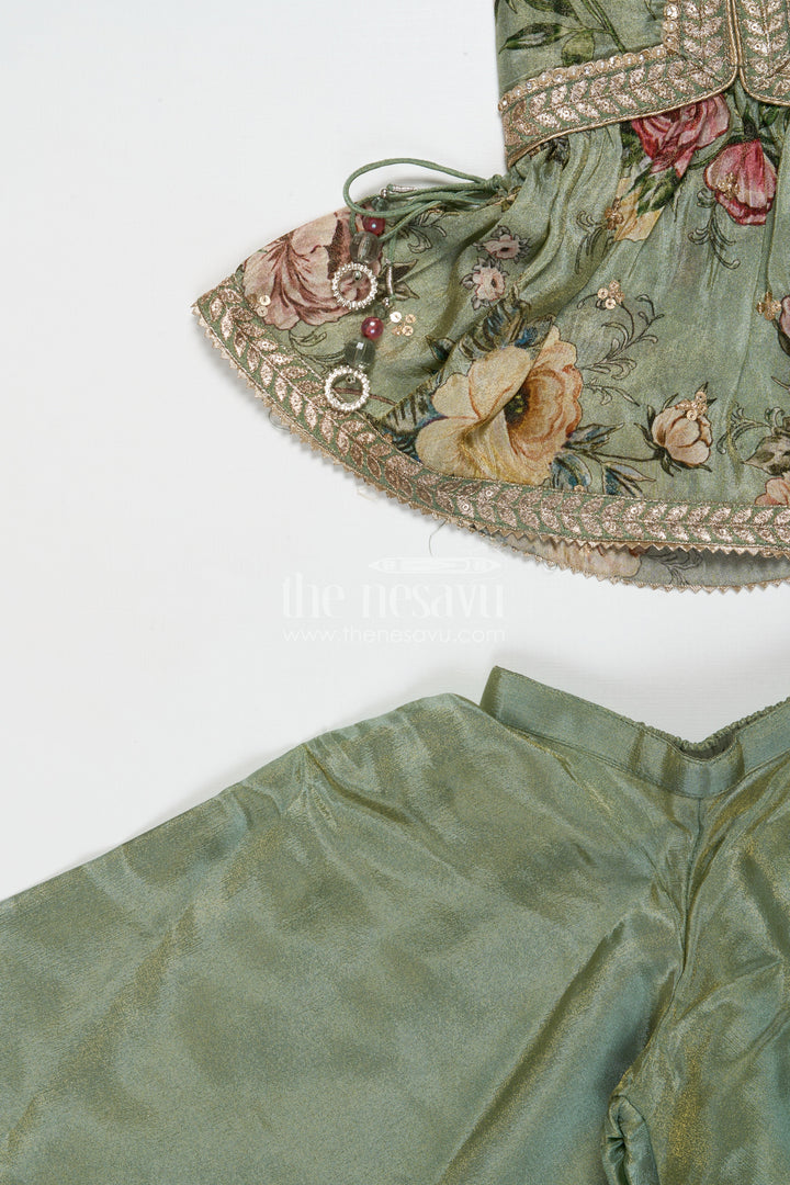 The Nesavu Girls Sharara / Plazo Set Girls Green Sharara Set with Embroidered Yoke for Festive Occasions Nesavu Nesavu girls green sharara set in viscose silk with sequin embroidered yoke – festive ethnic outfit