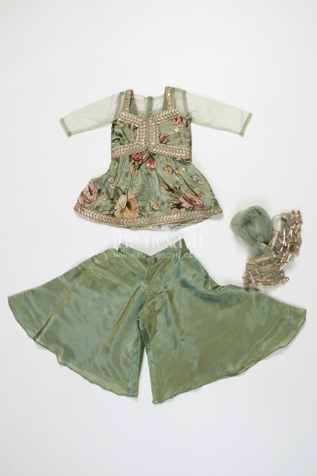 The Nesavu Girls Sharara / Plazo Set Girls Green Sharara Set with Embroidered Yoke for Festive Occasions Nesavu Nesavu girls green sharara set in viscose silk with sequin embroidered yoke – festive ethnic outfit