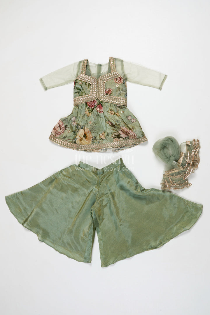 The Nesavu Girls Sharara / Plazo Set Girls Green Sharara Set with Embroidered Yoke for Festive Occasions Nesavu Nesavu girls green sharara set in viscose silk with sequin embroidered yoke – festive ethnic outfit