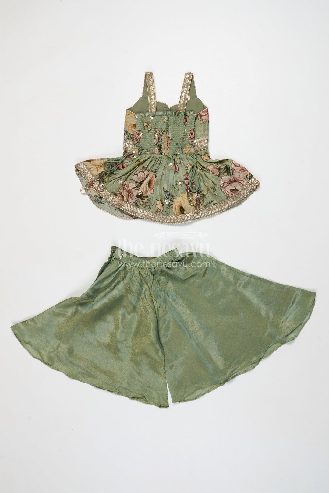 The Nesavu Girls Sharara / Plazo Set Girls Green Sharara Set with Embroidered Yoke for Festive Occasions Nesavu Nesavu girls green sharara set in viscose silk with sequin embroidered yoke – festive ethnic outfit