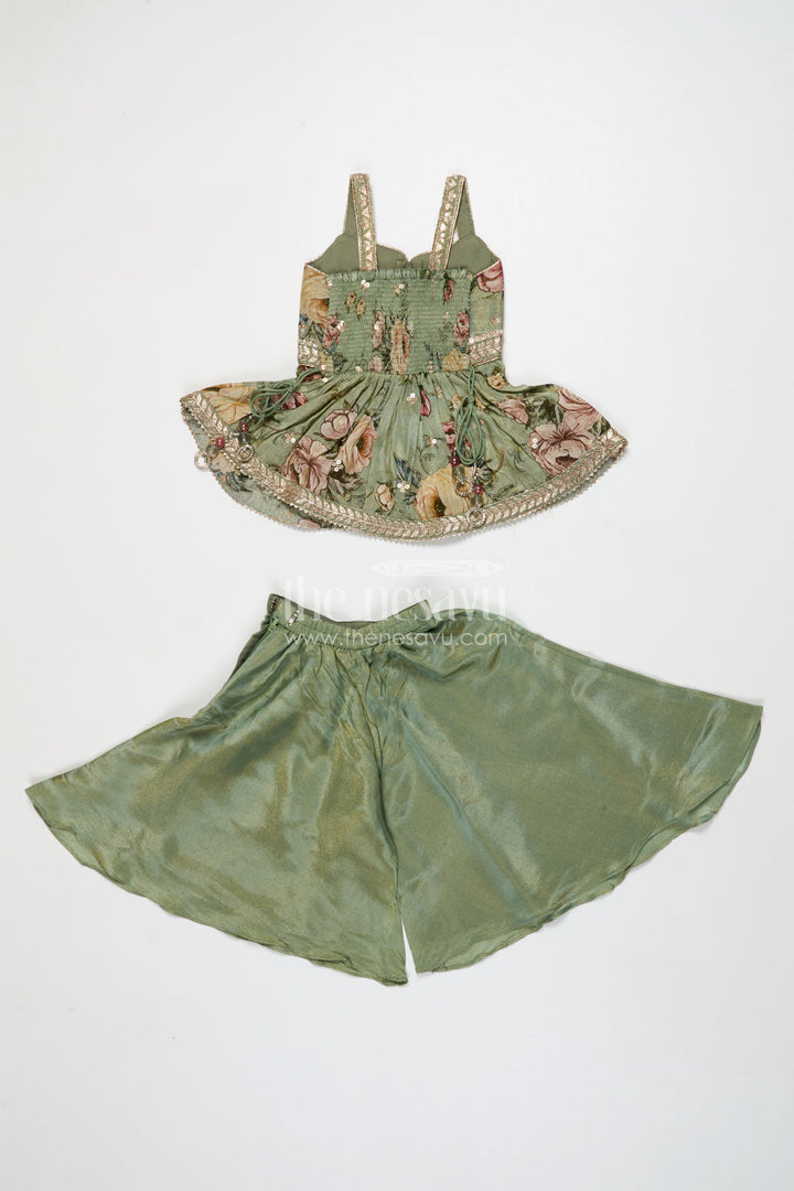 The Nesavu Girls Sharara / Plazo Set Girls Green Sharara Set with Embroidered Yoke for Festive Occasions Nesavu Nesavu girls green sharara set in viscose silk with sequin embroidered yoke – festive ethnic outfit