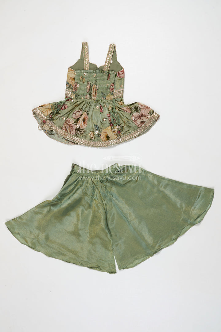 The Nesavu Girls Sharara / Plazo Set Girls Green Sharara Set with Embroidered Yoke for Festive Occasions Nesavu Nesavu girls green sharara set in viscose silk with sequin embroidered yoke – festive ethnic outfit