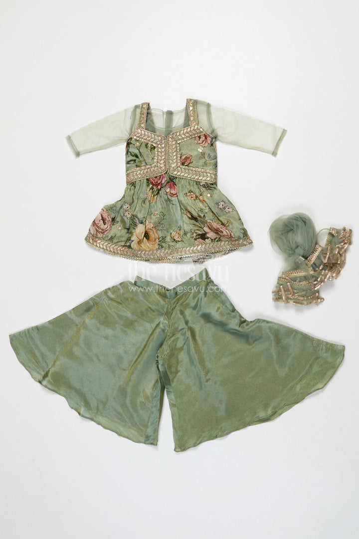 The Nesavu Girls Sharara / Plazo Set Girls Green Sharara Set with Embroidered Yoke for Festive Occasions Nesavu Nesavu girls green sharara set in viscose silk with sequin embroidered yoke – festive ethnic outfit