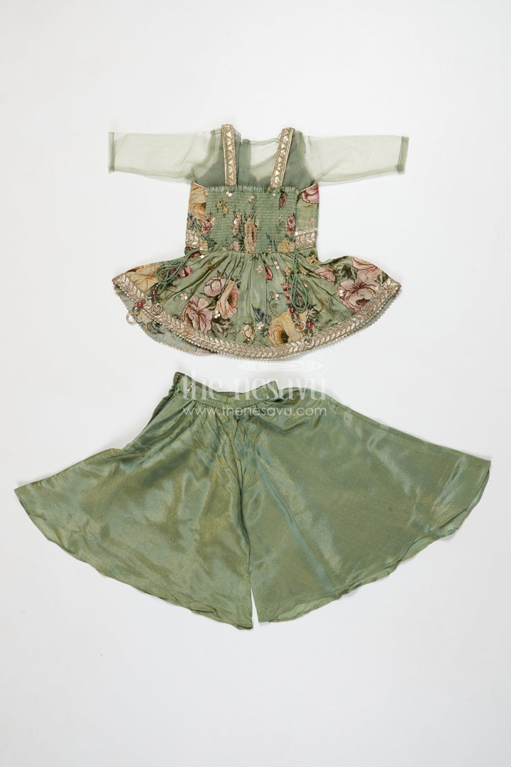 The Nesavu Girls Sharara / Plazo Set Girls Green Sharara Set with Embroidered Yoke for Festive Occasions Nesavu Nesavu girls green sharara set in viscose silk with sequin embroidered yoke – festive ethnic outfit