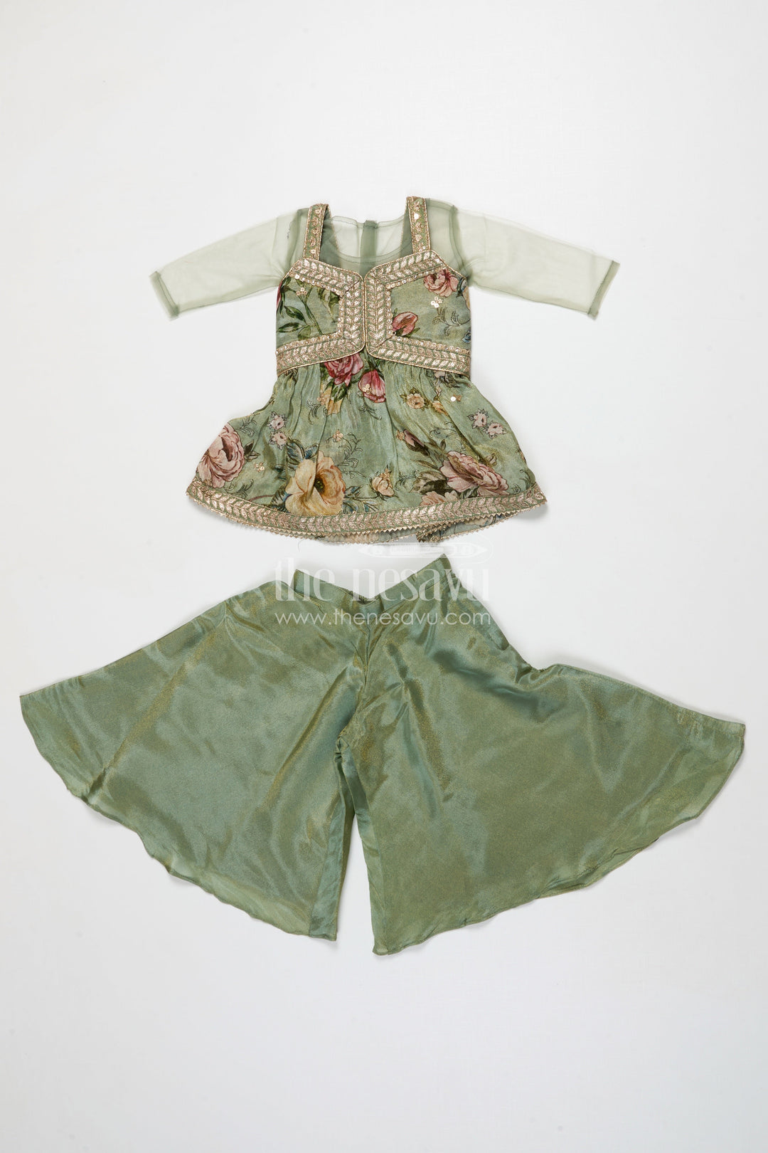 The Nesavu Girls Sharara / Plazo Set Girls Green Sharara Set with Embroidered Yoke for Festive Occasions Nesavu Nesavu girls green sharara set in viscose silk with sequin embroidered yoke – festive ethnic outfit