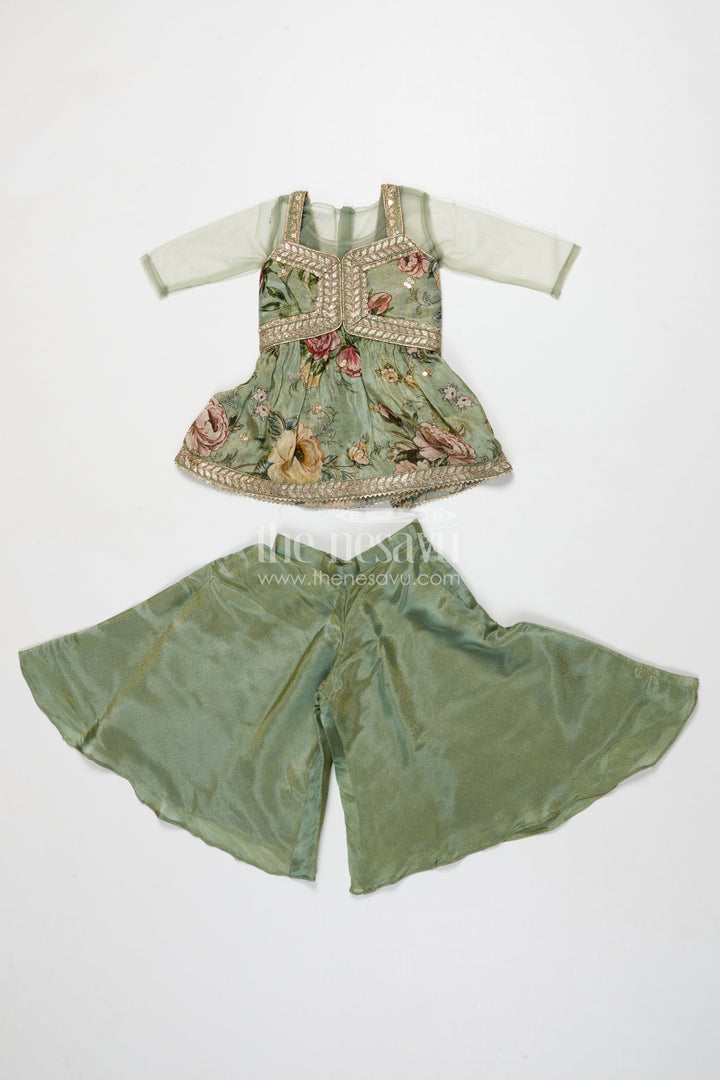 The Nesavu Girls Sharara / Plazo Set Girls Green Sharara Set with Embroidered Yoke for Festive Occasions Nesavu Nesavu girls green sharara set in viscose silk with sequin embroidered yoke – festive ethnic outfit