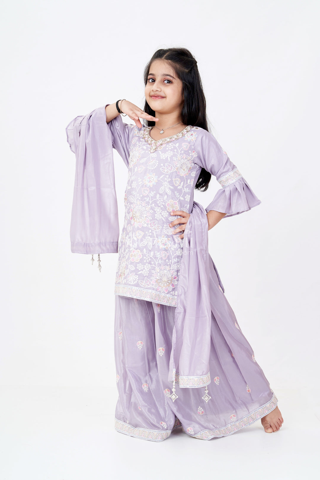 The Nesavu Girls Sharara / Plazo Set Girls Grey Sharara Set with Embroidered Kurta and Bell Sleeve Detailing Nesavu 24 (5Y) / Purple GPS520A-24 Nesavu Girls Embroidered Grey Sharara Set Floral Threadwork Elegant Dupatta