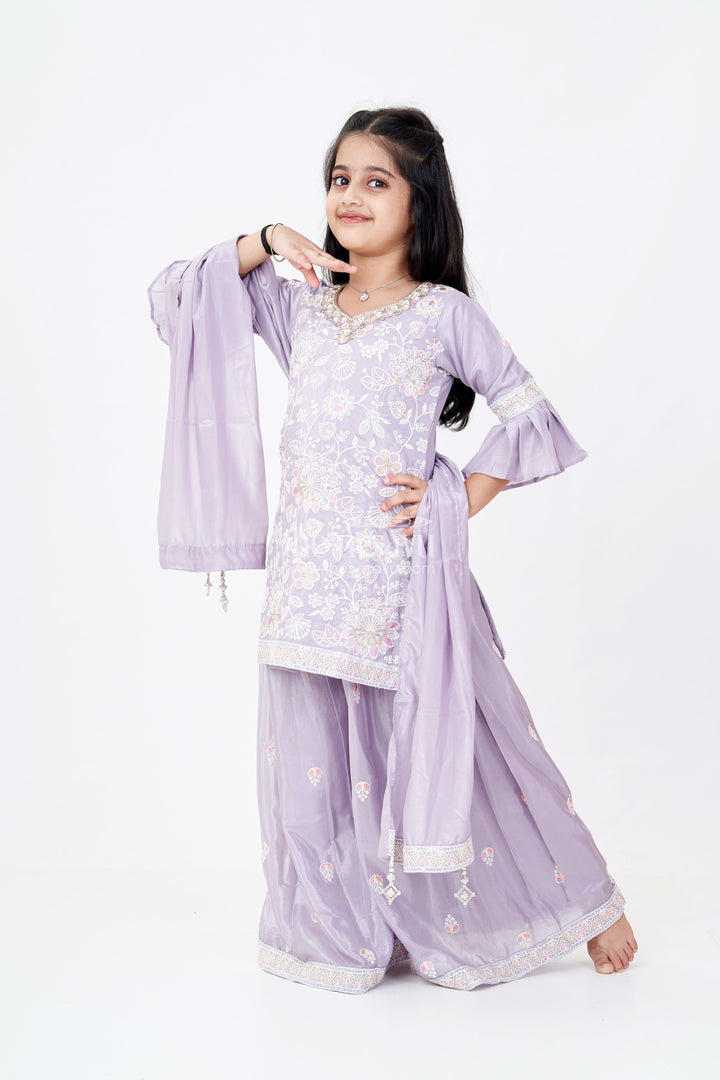 The Nesavu Girls Sharara / Plazo Set Girls Grey Sharara Set with Embroidered Kurta and Bell Sleeve Detailing Nesavu 24 (5Y) / Purple GPS520A-24 Nesavu Girls Embroidered Grey Sharara Set Floral Threadwork Elegant Dupatta