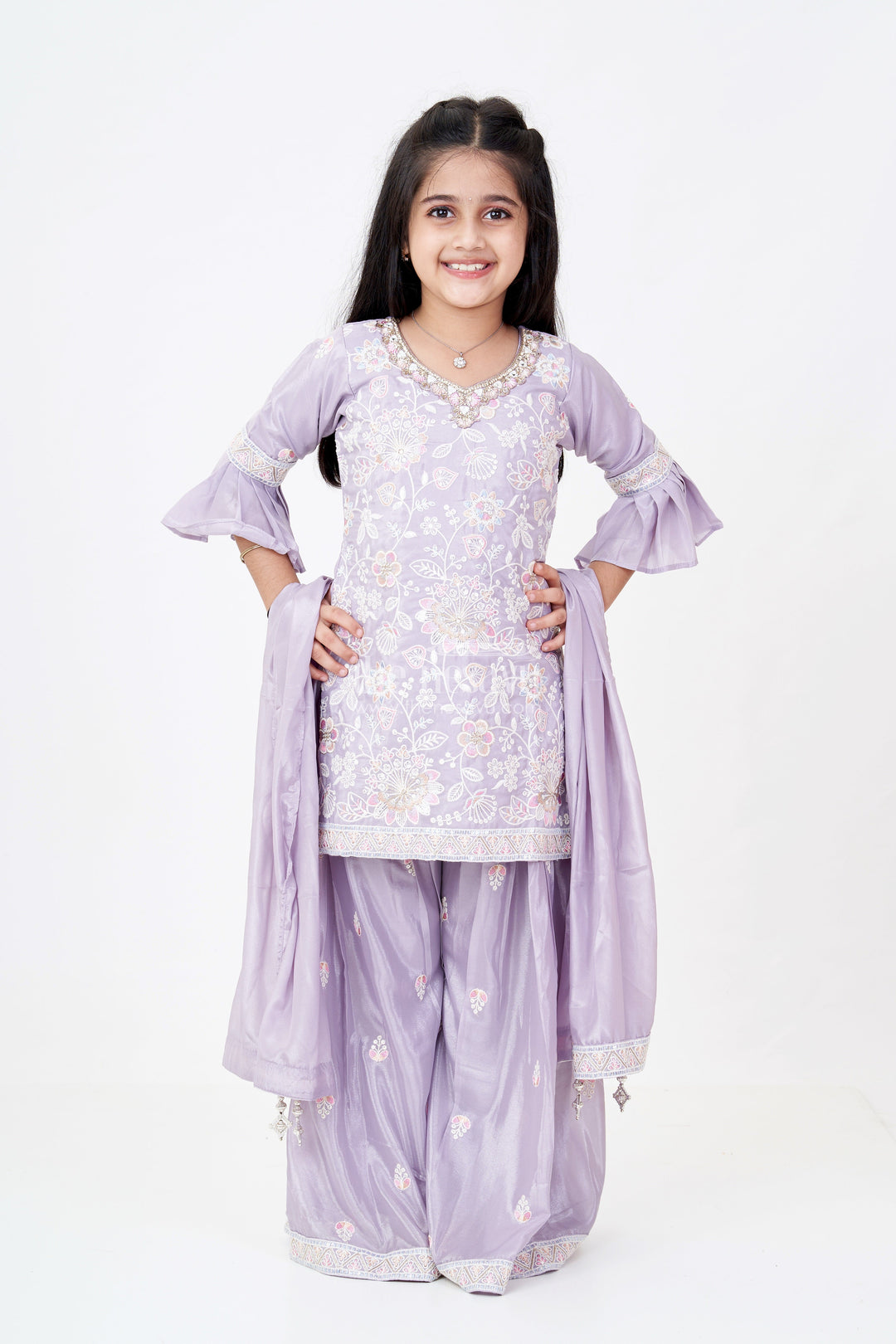 The Nesavu Girls Sharara / Plazo Set Girls Grey Sharara Set with Embroidered Kurta and Bell Sleeve Detailing Nesavu Nesavu Girls Embroidered Grey Sharara Set Floral Threadwork Elegant Dupatta