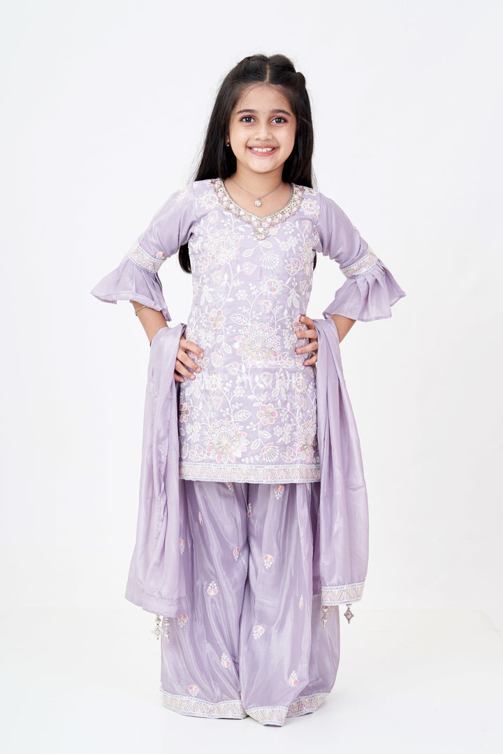 The Nesavu Girls Sharara / Plazo Set Girls Grey Sharara Set with Embroidered Kurta and Bell Sleeve Detailing Nesavu Nesavu Girls Embroidered Grey Sharara Set Floral Threadwork Elegant Dupatta