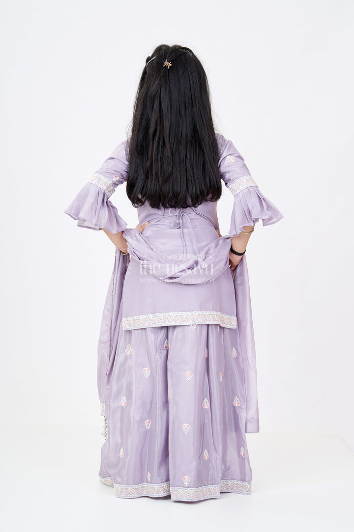 The Nesavu Girls Sharara / Plazo Set Girls Grey Sharara Set with Embroidered Kurta and Bell Sleeve Detailing Nesavu Nesavu Girls Embroidered Grey Sharara Set Floral Threadwork Elegant Dupatta