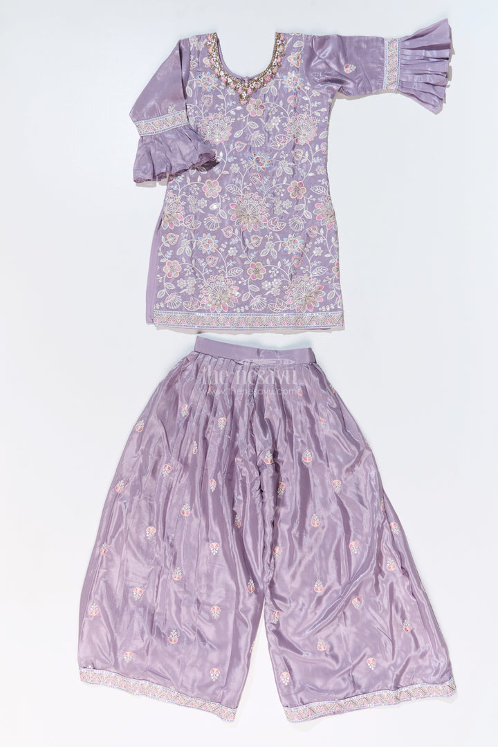 The Nesavu Girls Sharara / Plazo Set Girls Grey Sharara Set with Embroidered Kurta and Bell Sleeve Detailing Nesavu Nesavu Girls Embroidered Grey Sharara Set Floral Threadwork Elegant Dupatta