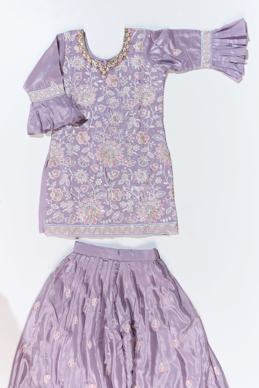 The Nesavu Girls Sharara / Plazo Set Girls Grey Sharara Set with Embroidered Kurta and Bell Sleeve Detailing Nesavu Nesavu Girls Embroidered Grey Sharara Set Floral Threadwork Elegant Dupatta