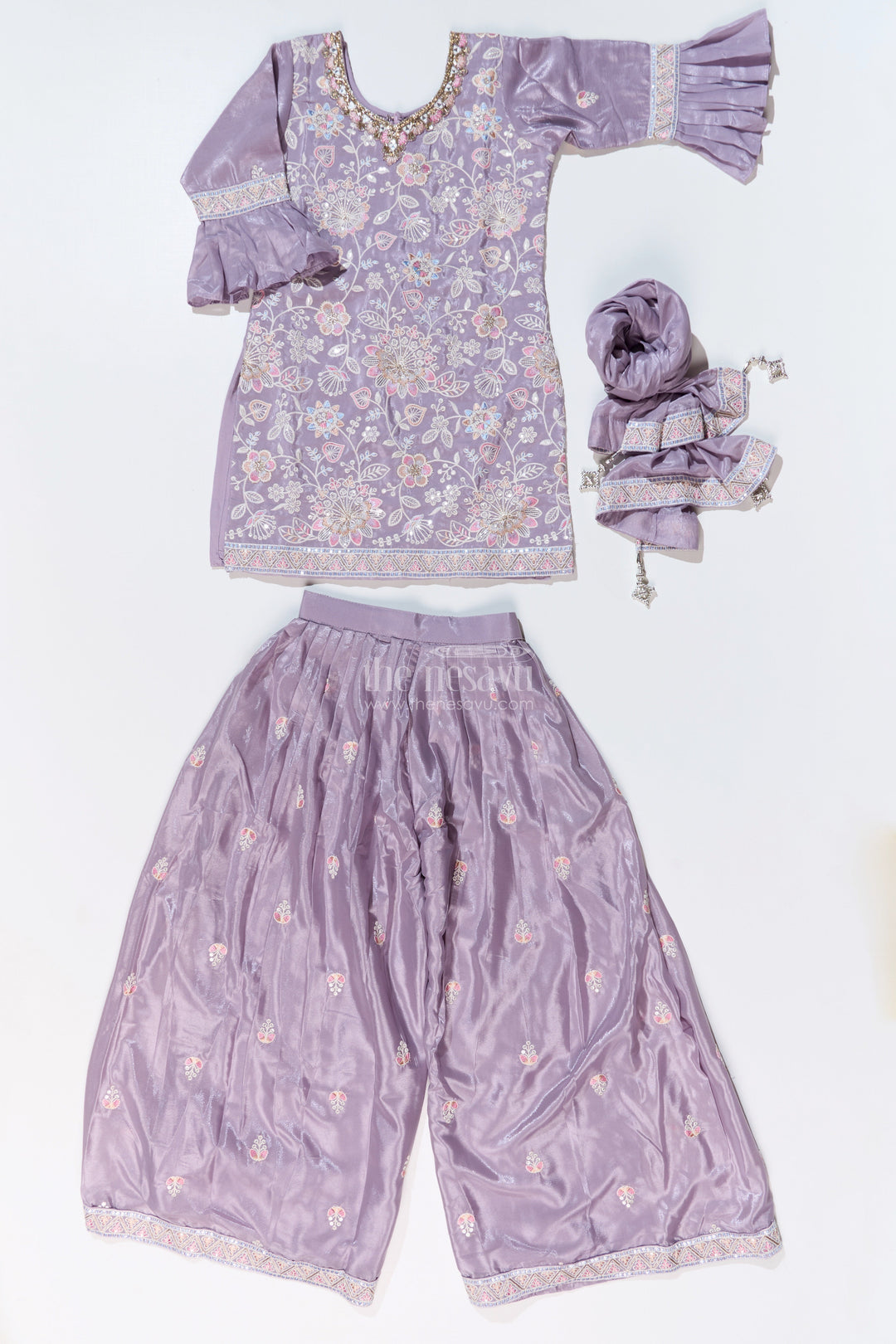 The Nesavu Girls Sharara / Plazo Set Girls Grey Sharara Set with Embroidered Kurta and Bell Sleeve Detailing Nesavu Nesavu Girls Embroidered Grey Sharara Set Floral Threadwork Elegant Dupatta