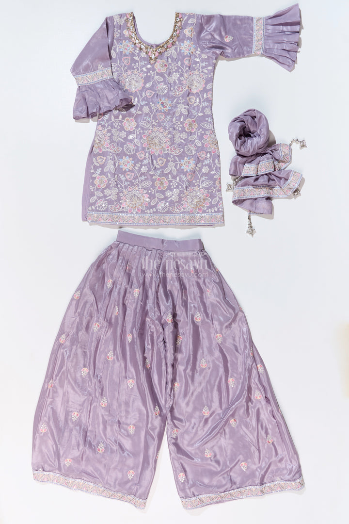 The Nesavu Girls Sharara / Plazo Set Girls Grey Sharara Set with Embroidered Kurta and Bell Sleeve Detailing Nesavu Nesavu Girls Embroidered Grey Sharara Set Floral Threadwork Elegant Dupatta