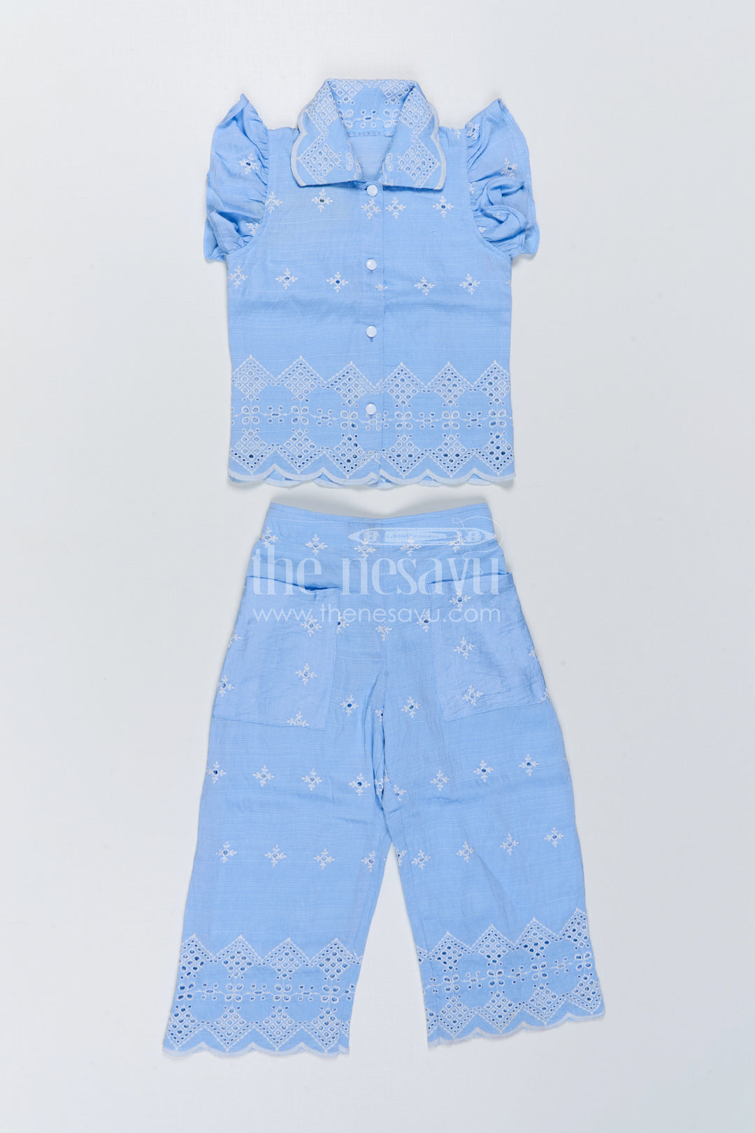 The Nesavu Girls Co-Ord Sets Girls Hakoba Co Ord Set for Birthday Brunch Outings Nesavu 22 (4Y) / Blue / Hakoba GCS065A-22 Nesavu Girls Hakoba Co Ord Set With Embroidered Wide Leg Pants For Birthday Outings