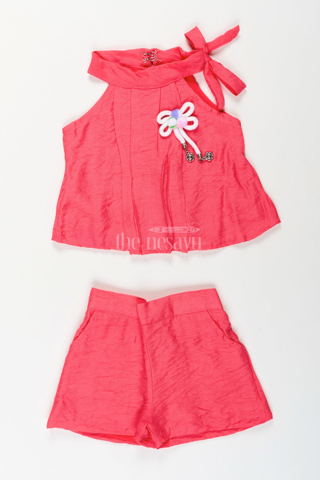 The Nesavu Girls halter neck shorts set for playdates and holidays Nesavu 18 (2Y) / Pink BFJ862B-18 Nesavu halter neck girls casual set floral detail  perfect holidays everyday wear