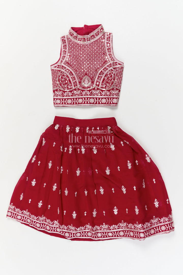 The Nesavu Girls Ethnic Lehenga Girls High-neck Lehenga Choli Set with Mirror Work for Parties and Receptions Nesavu 16 (1Y) / Pink / Georgette GL866A-16 Nesavu girls embroidered georgette lehenga set with high-neck blouse and mirror work for festive receptions