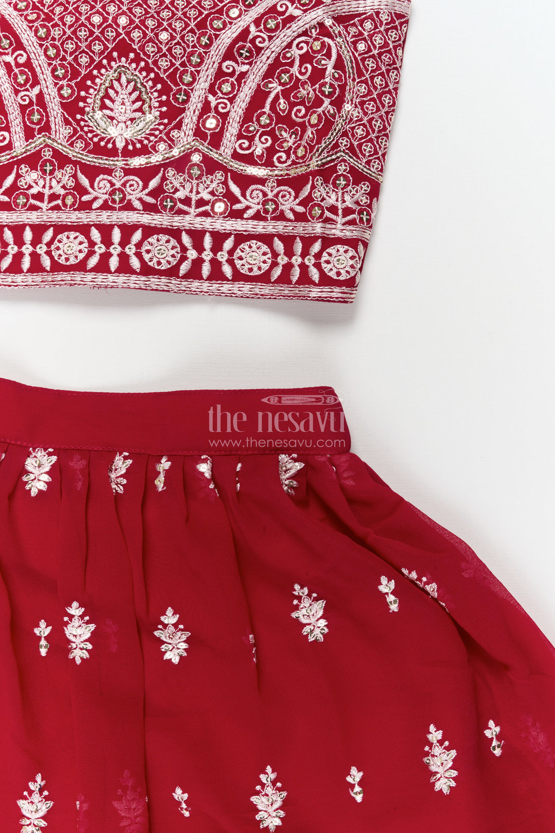 The Nesavu Girls Ethnic Lehenga Girls High-neck Lehenga Choli Set with Mirror Work for Parties and Receptions Nesavu Nesavu girls embroidered georgette lehenga set with high-neck blouse and mirror work for festive receptions