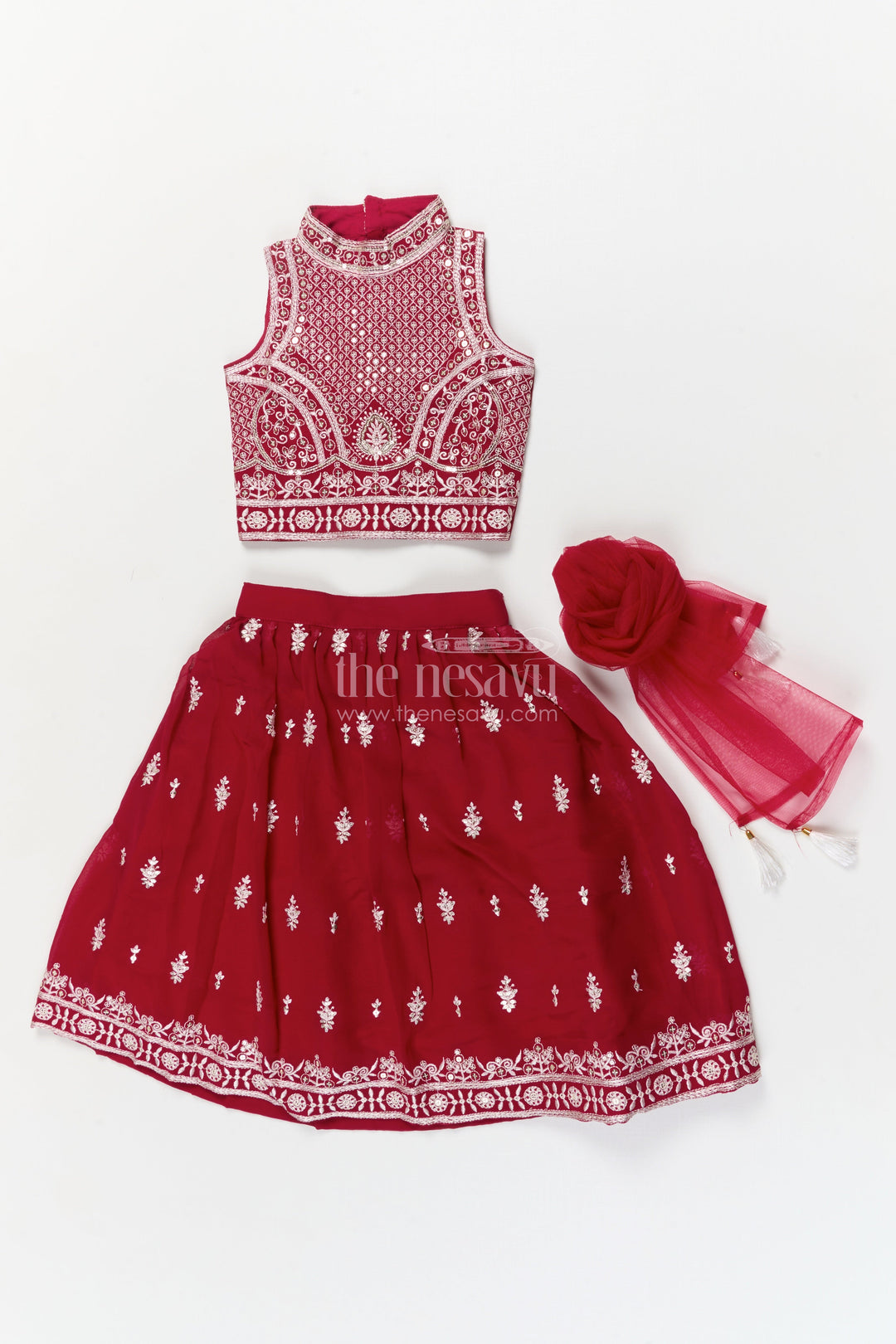 The Nesavu Girls Ethnic Lehenga Girls High-neck Lehenga Choli Set with Mirror Work for Parties and Receptions Nesavu Nesavu girls embroidered georgette lehenga set with high-neck blouse and mirror work for festive receptions