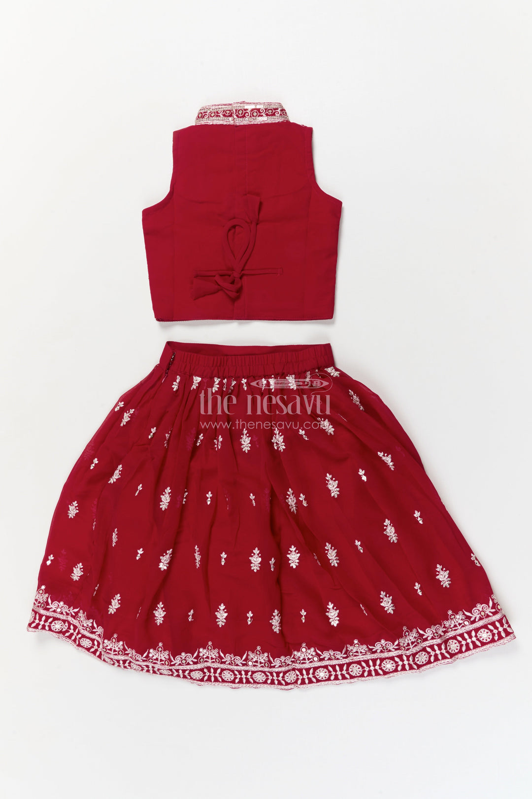 The Nesavu Girls Ethnic Lehenga Girls High-neck Lehenga Choli Set with Mirror Work for Parties and Receptions Nesavu Nesavu girls embroidered georgette lehenga set with high-neck blouse and mirror work for festive receptions