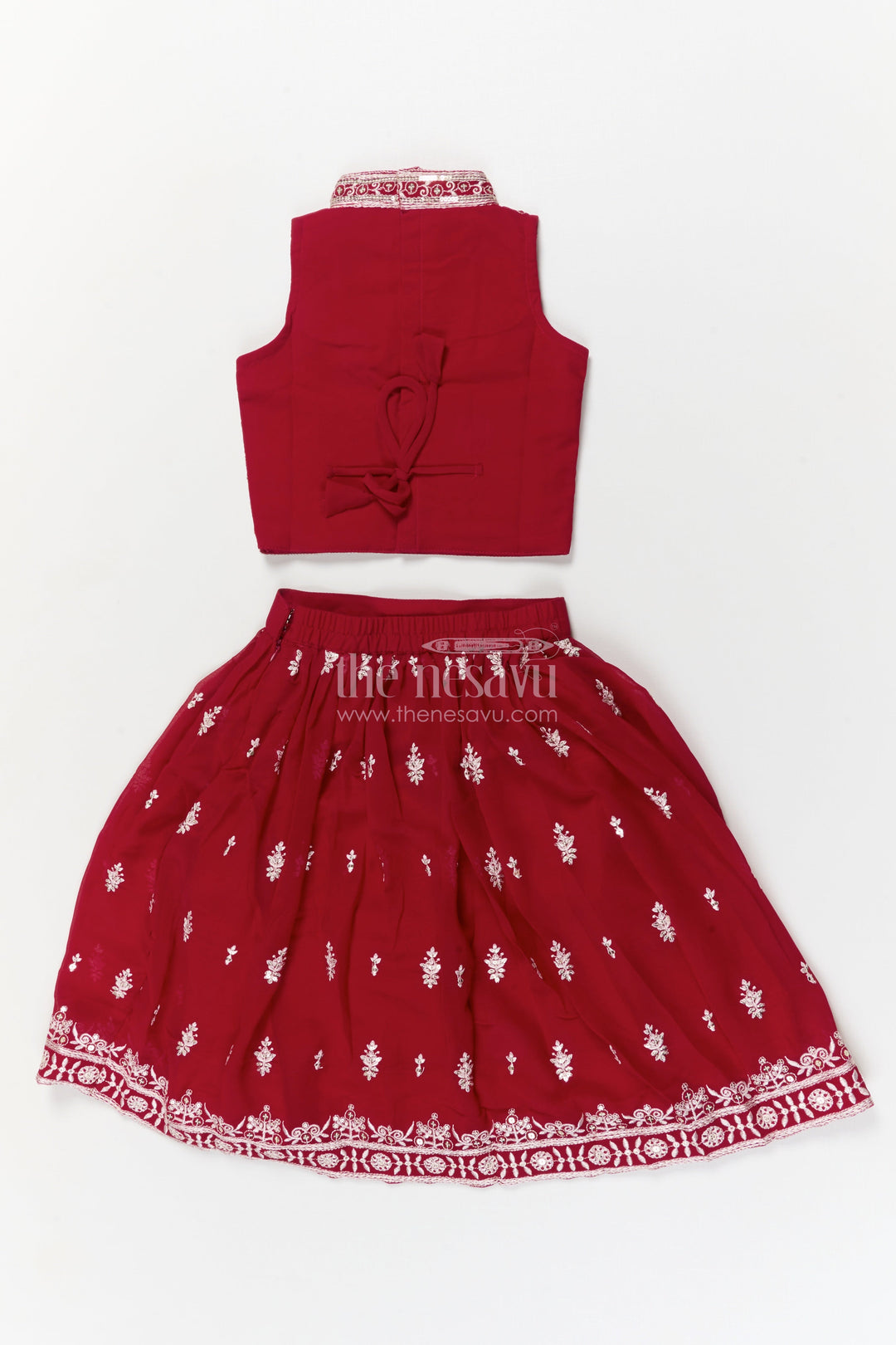The Nesavu Girls Ethnic Lehenga Girls High-neck Lehenga Choli Set with Mirror Work for Parties and Receptions Nesavu Nesavu girls embroidered georgette lehenga set with high-neck blouse and mirror work for festive receptions