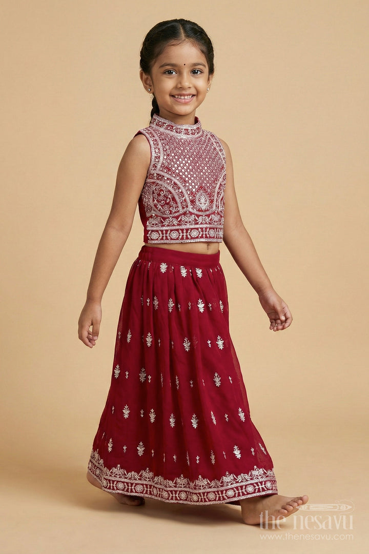 The Nesavu Girls Ethnic Lehenga Girls High-neck Lehenga Choli Set with Mirror Work for Parties and Receptions Nesavu Nesavu girls embroidered georgette lehenga set with high-neck blouse and mirror work for festive receptions