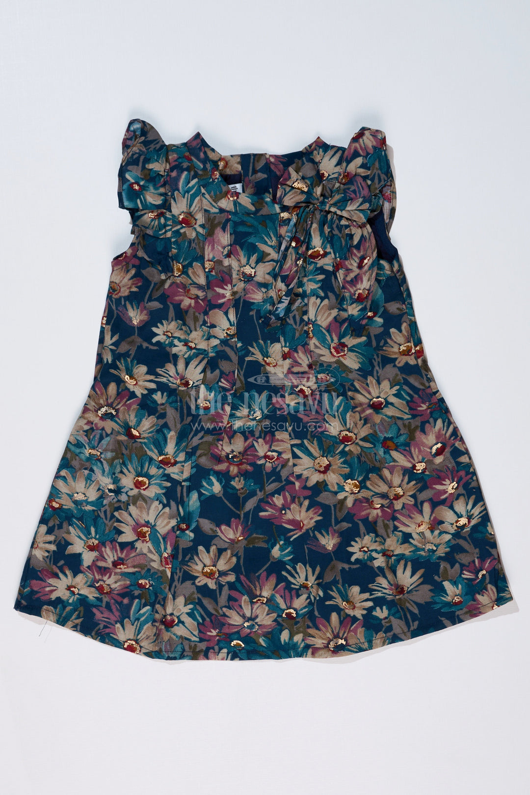 The Nesavu Girls Cotton Frock Girls Hot Frock in Muslin Silk with Floral Print and Elegant Shoulder Bow Nesavu 16 (1Y) / Blue GFC1604B-16 Nesavu Girls Hot Frock Muslin Silk Floral Print Elegant Shoulder Bow