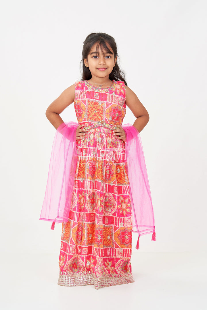 The Nesavu Girls Lehenga Choli Girls Hot Pink Lehenga in Chinon Silk with Abstract Digital Print and Embellished Choli Nesavu Nesavu Girls Hot Pink Lehenga Chinon Silk Digital Print Embellished Blouse