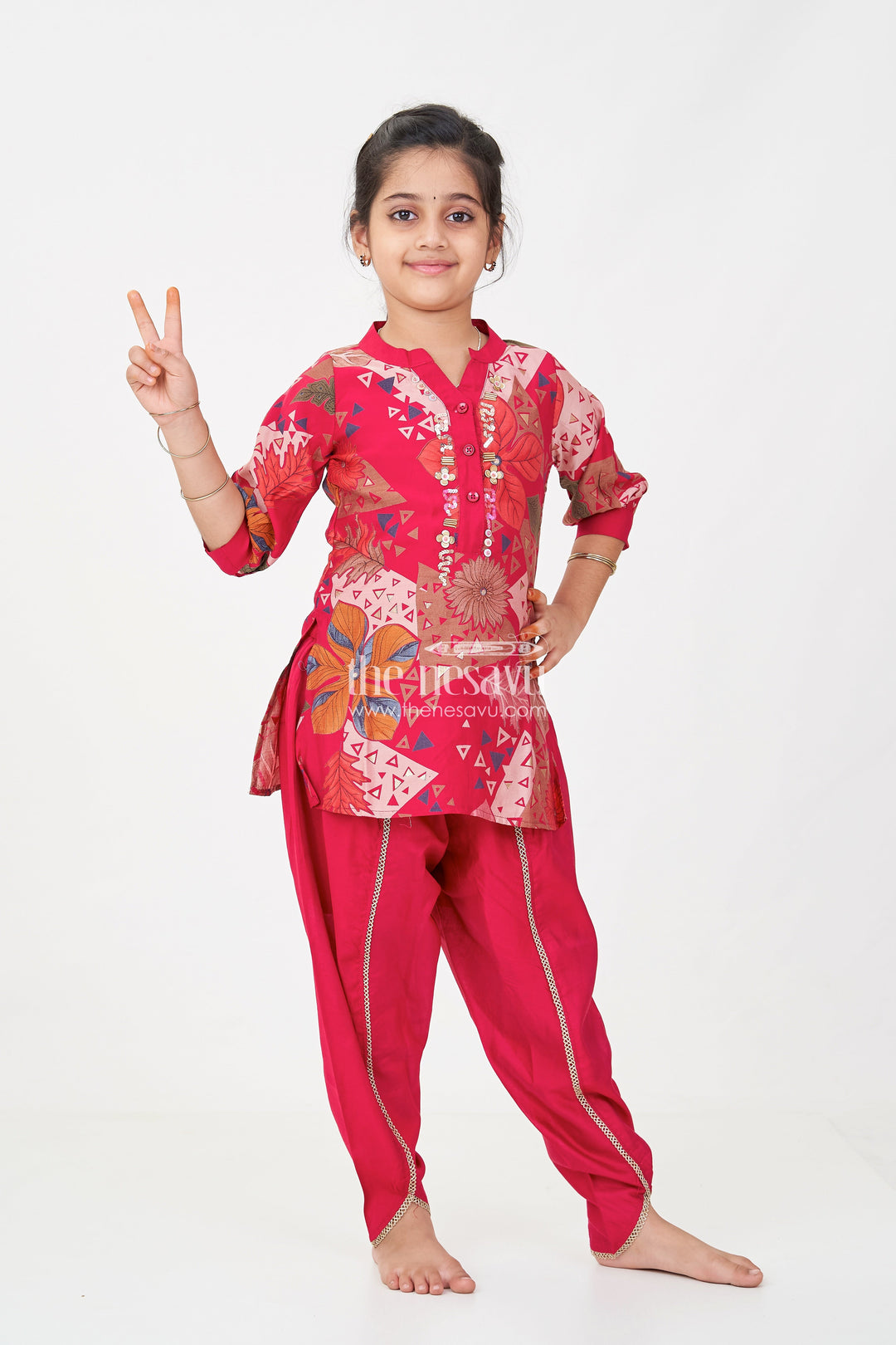 The Nesavu Girls Sharara / Plazo Set Girls hot pink sharara Set in Floral Modal Silk with Embroidery Accents for Festive Flair Nesavu 24 (5Y) / Pink GPS605A-24 Nesavu Girls hot pink sharara Set Modal Silk Floral Print Mirror Neck Embroidery