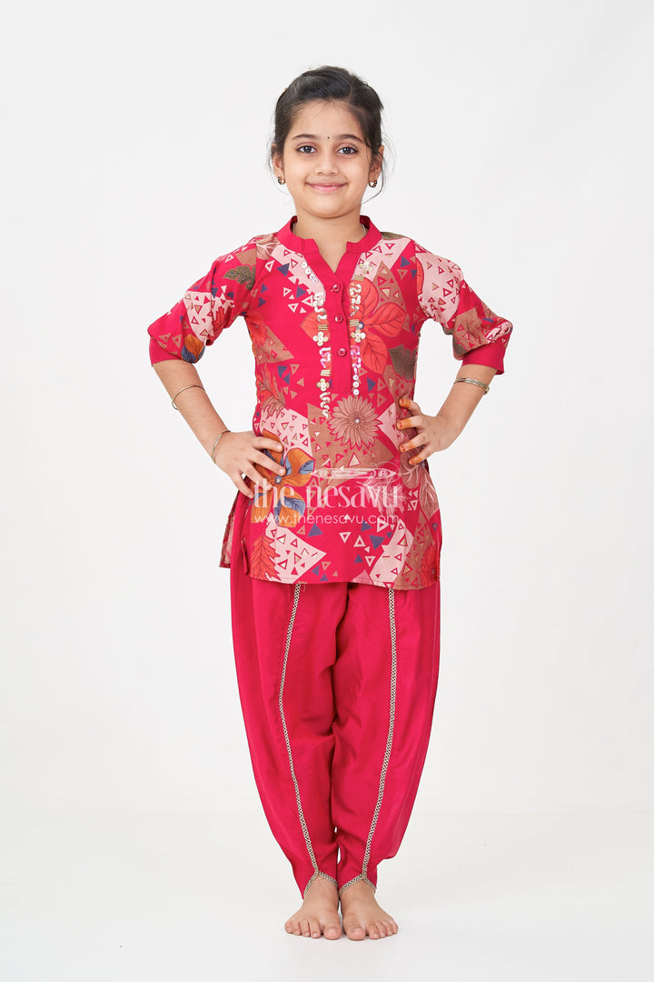 The Nesavu Girls Sharara / Plazo Set Girls hot pink sharara Set in Floral Modal Silk with Embroidery Accents for Festive Flair Nesavu Nesavu Girls hot pink sharara Set Modal Silk Floral Print Mirror Neck Embroidery
