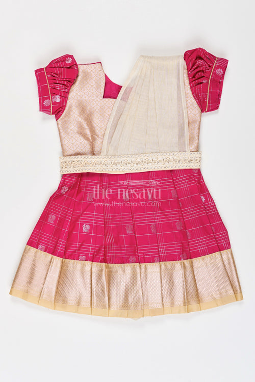 The Nesavu Girls Kanchi Silk Frock Girls Indian Frock in Semi Kanchivaram Silk with Thread Embroidery and Lace Embellished Dupatta Nesavu 16 (1Y) / Pink / Style 4 SF837GD-16 Nesavu Girls Indian Frock in Semi Kanchivaram Silk with Embroidery and Lace Embellished Dupatta