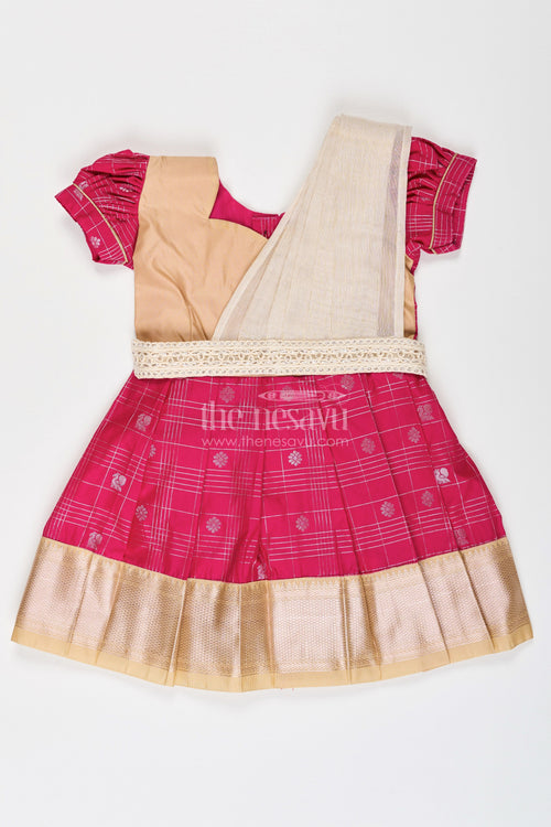 The Nesavu Girls Kanchi Silk Frock Girls Indian Frock in Semi Kanchivaram Silk with Thread Embroidery and Lace Embellished Dupatta Nesavu 16 (1Y) / Pink / Style 5 SF837GE-16 Nesavu Girls Indian Frock in Semi Kanchivaram Silk with Embroidery and Lace Embellished Dupatta