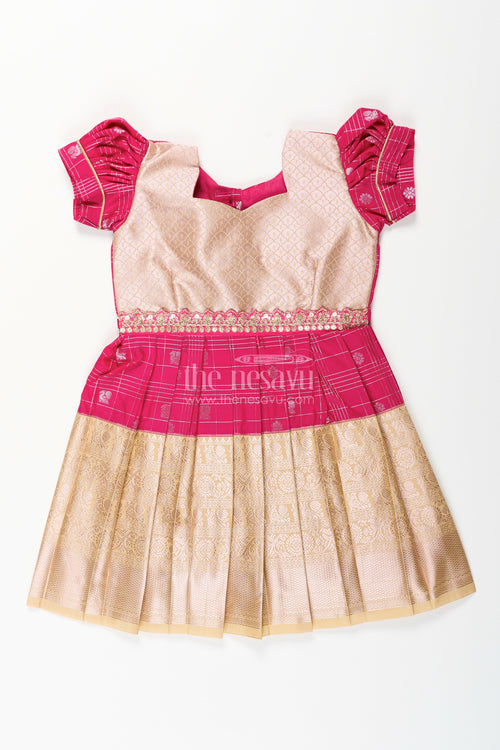The Nesavu Girls Kanchi Silk Frock Girls Indian Frock in Semi Kanchivaram Silk with Thread Embroidery and Lace Embellished Dupatta Nesavu 16 (1Y) / Pink / Style 6 SF837GF-16 Nesavu Girls Indian Frock in Semi Kanchivaram Silk with Embroidery and Lace Embellished Dupatta