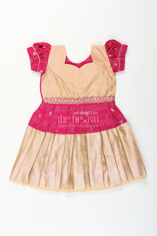 The Nesavu Girls Kanchi Silk Frock Girls Indian Frock in Semi Kanchivaram Silk with Thread Embroidery and Lace Embellished Dupatta Nesavu 16 (1Y) / Pink / Style 8 SF837GH-16 Nesavu Girls Indian Frock in Semi Kanchivaram Silk with Embroidery and Lace Embellished Dupatta