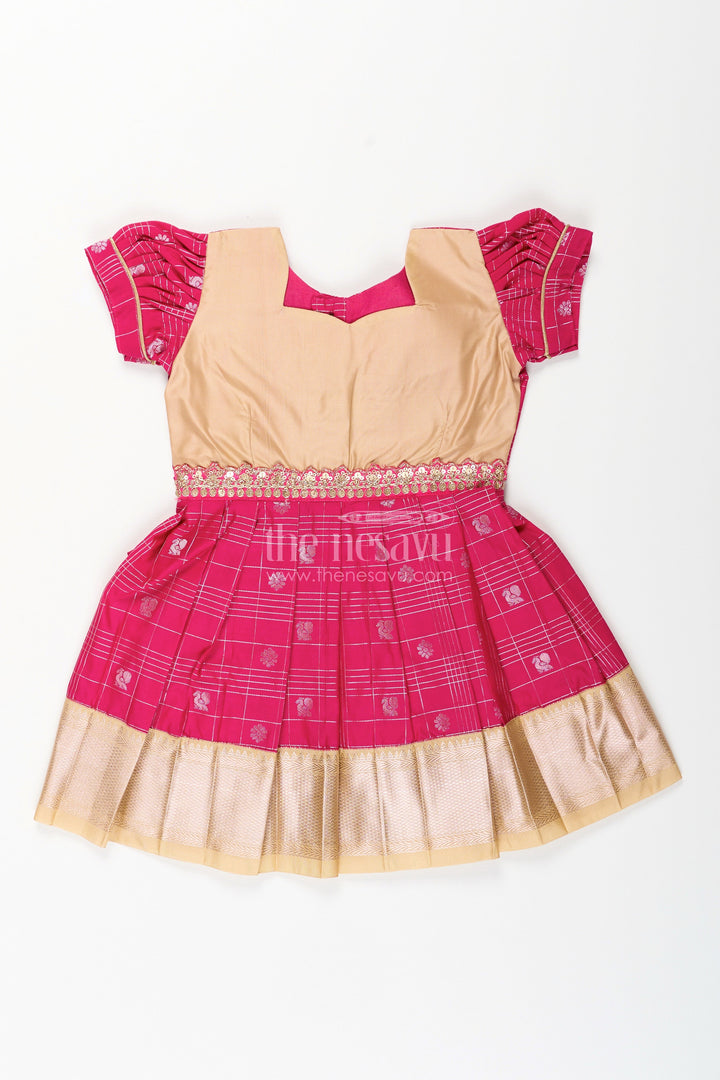 The Nesavu Girls Kanchi Silk Frock Girls Indian Frock in Semi Kanchivaram Silk with Thread Embroidery and Lace Embellished Dupatta Nesavu 18 (2Y) / Pink / Style 10 SF837GJ-18 Nesavu Girls Indian Frock in Semi Kanchivaram Silk with Embroidery and Lace Embellished Dupatta