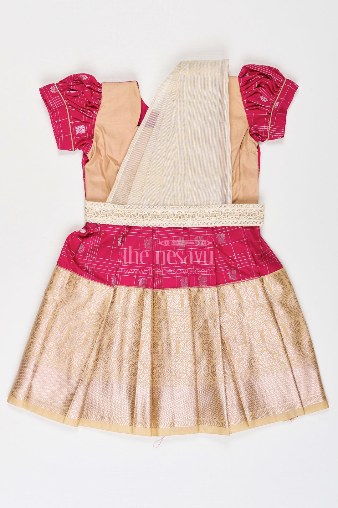 The Nesavu Girls Kanchi Silk Frock Girls Indian Frock in Semi Kanchivaram Silk with Thread Embroidery and Lace Embellished Dupatta Nesavu 18 (2Y) / Pink / Style 3 SF837GC-18 Nesavu Girls Indian Frock in Semi Kanchivaram Silk with Embroidery and Lace Embellished Dupatta