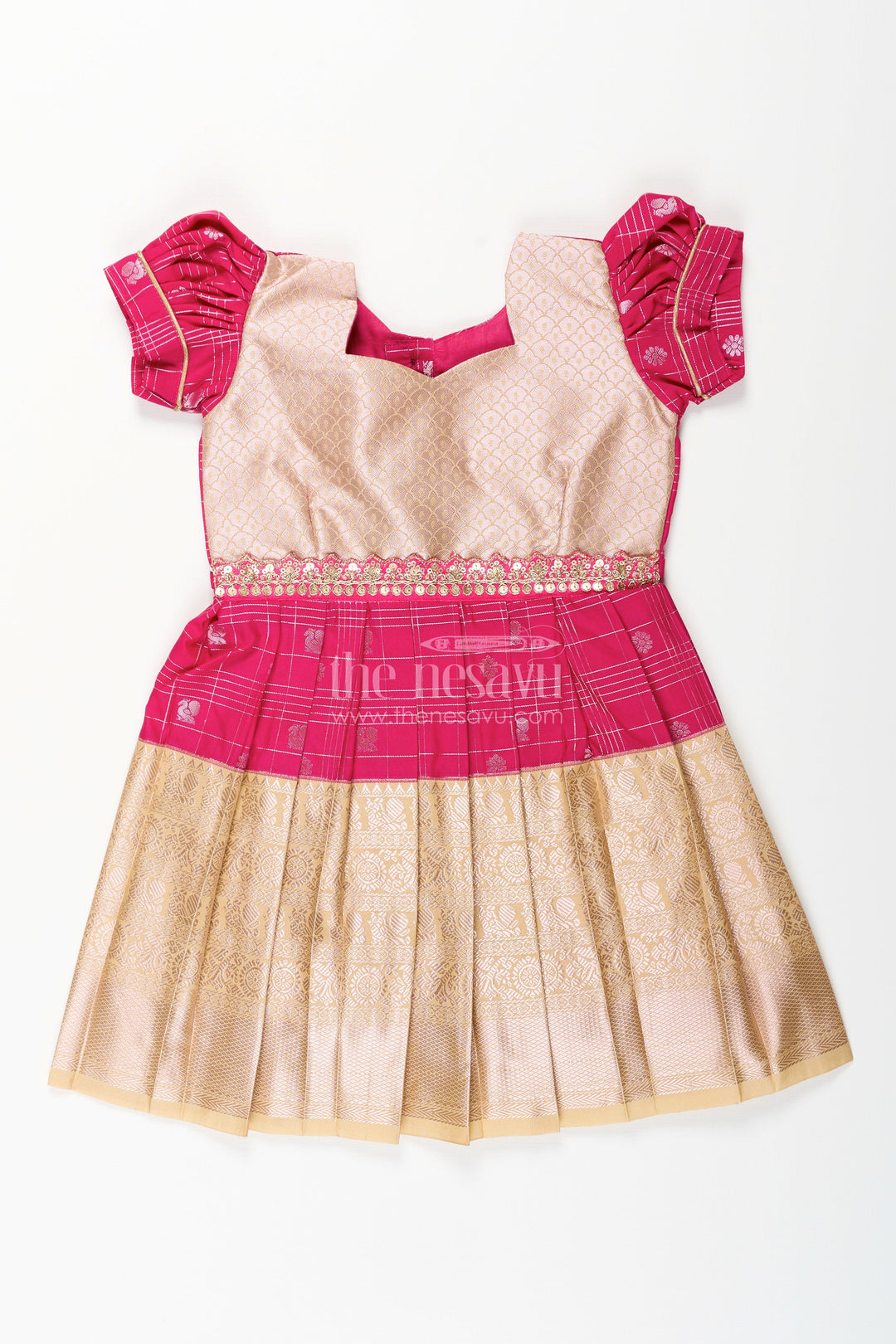 The Nesavu Girls Kanchi Silk Frock Girls Indian Frock in Semi Kanchivaram Silk with Thread Embroidery and Lace Embellished Dupatta Nesavu 18 (2Y) / Pink / Style 6 SF837GF-18 Nesavu Girls Indian Frock in Semi Kanchivaram Silk with Embroidery and Lace Embellished Dupatta