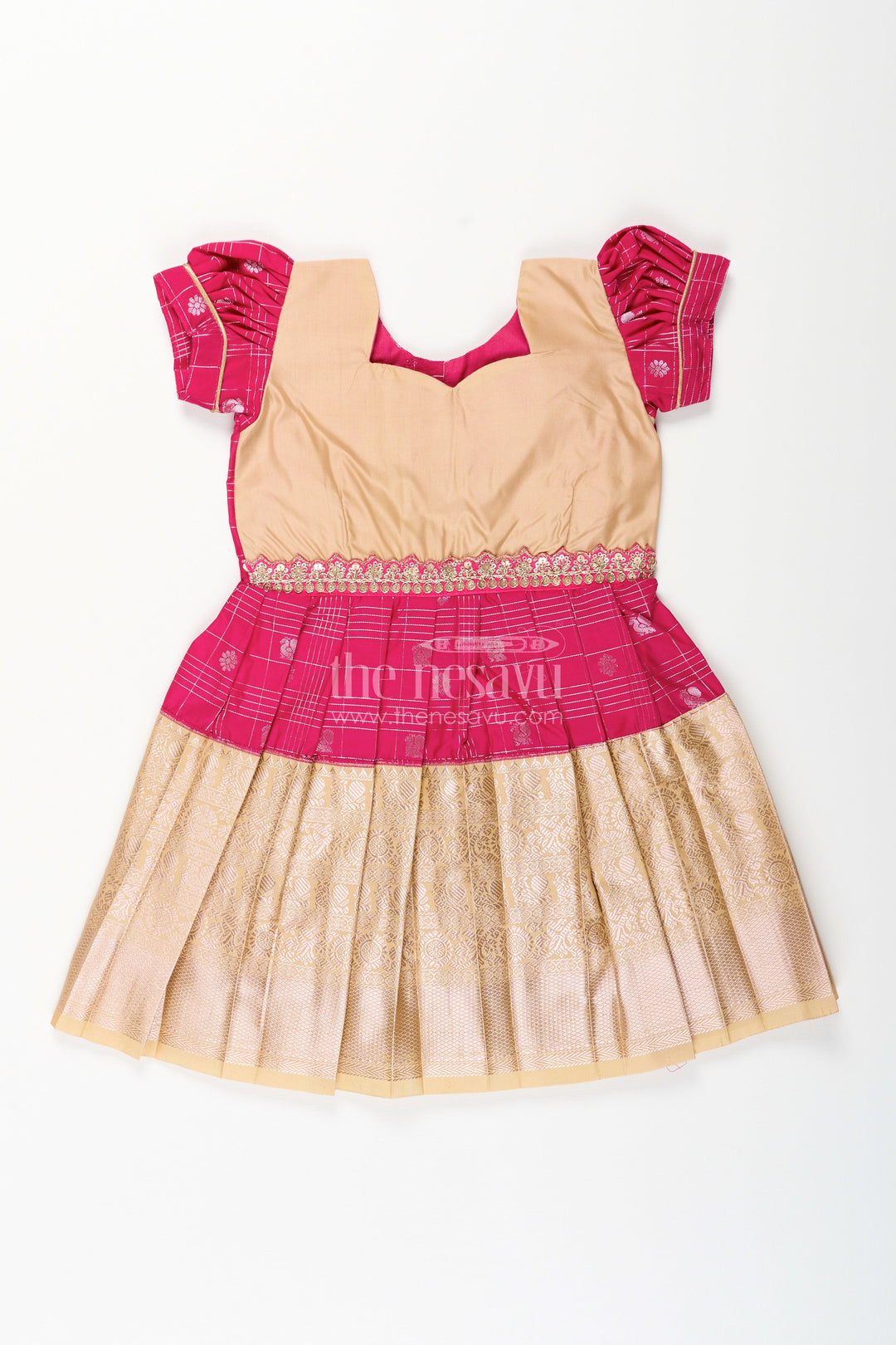 The Nesavu Girls Kanchi Silk Frock Girls Indian Frock in Semi Kanchivaram Silk with Thread Embroidery and Lace Embellished Dupatta Nesavu 18 (2Y) / Pink / Style 8 SF837GH-18 Nesavu Girls Indian Frock in Semi Kanchivaram Silk with Embroidery and Lace Embellished Dupatta