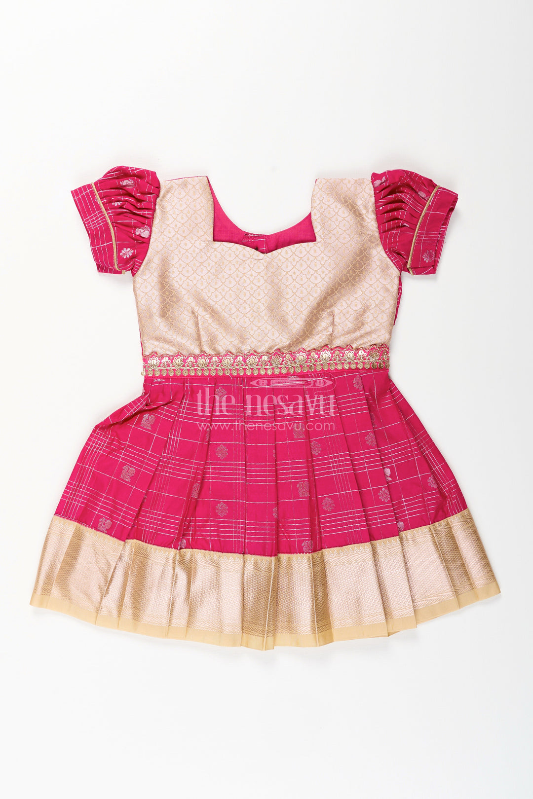The Nesavu Girls Kanchi Silk Frock Girls Indian Frock in Semi Kanchivaram Silk with Thread Embroidery and Lace Embellished Dupatta Nesavu 18 (2Y) / Pink / Style 9 SF837GI-18 Nesavu Girls Indian Frock in Semi Kanchivaram Silk with Embroidery and Lace Embellished Dupatta