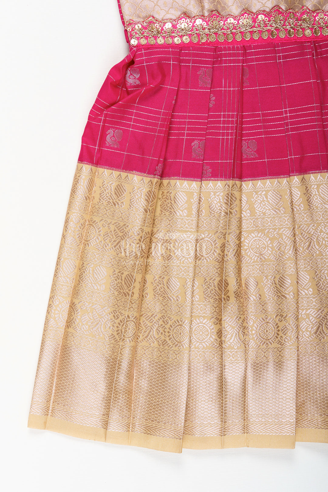 The Nesavu Girls Kanchi Silk Frock Girls Indian Frock in Semi Kanchivaram Silk with Thread Embroidery and Lace Embellished Dupatta Nesavu Nesavu Girls Indian Frock in Semi Kanchivaram Silk with Embroidery and Lace Embellished Dupatta