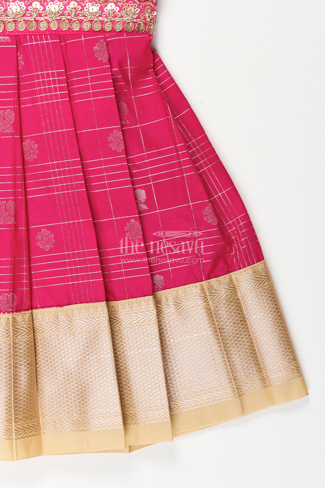 The Nesavu Girls Kanchi Silk Frock Girls Indian Frock in Semi Kanchivaram Silk with Thread Embroidery and Lace Embellished Dupatta Nesavu Nesavu Girls Indian Frock in Semi Kanchivaram Silk with Embroidery and Lace Embellished Dupatta