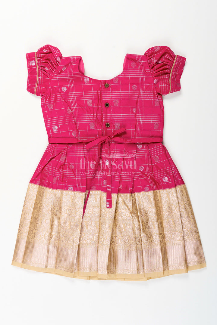 The Nesavu Girls Kanchi Silk Frock Girls Indian Frock in Semi Kanchivaram Silk with Thread Embroidery and Lace Embellished Dupatta Nesavu Nesavu Girls Indian Frock in Semi Kanchivaram Silk with Embroidery and Lace Embellished Dupatta
